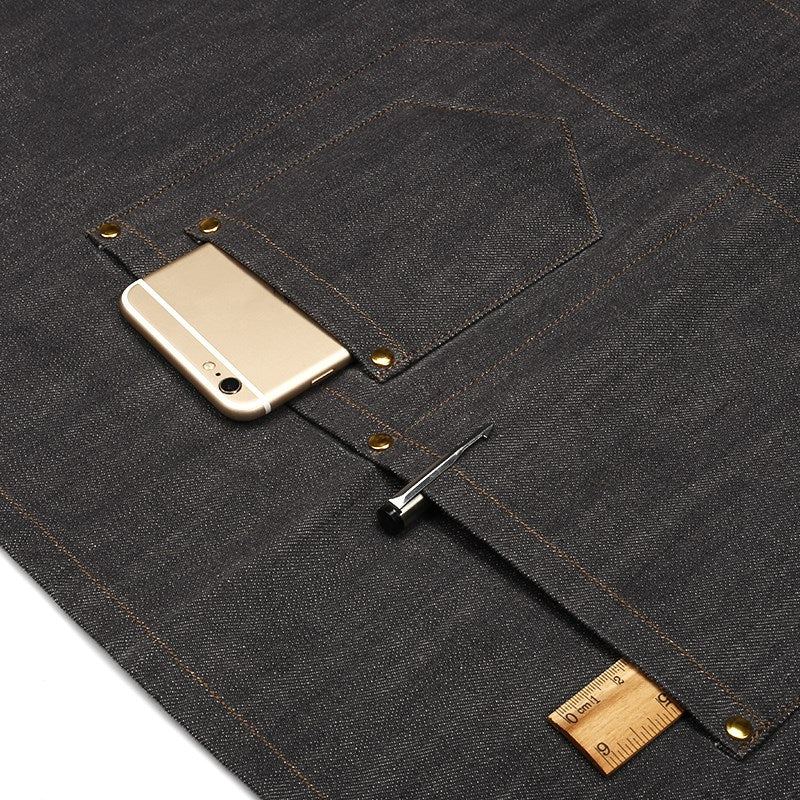 Gray Denim Waist Apron Cowhide Leather Straps Barista Bartender BBQ Pastry Chef Catering Uniform Florist Artist Workwear