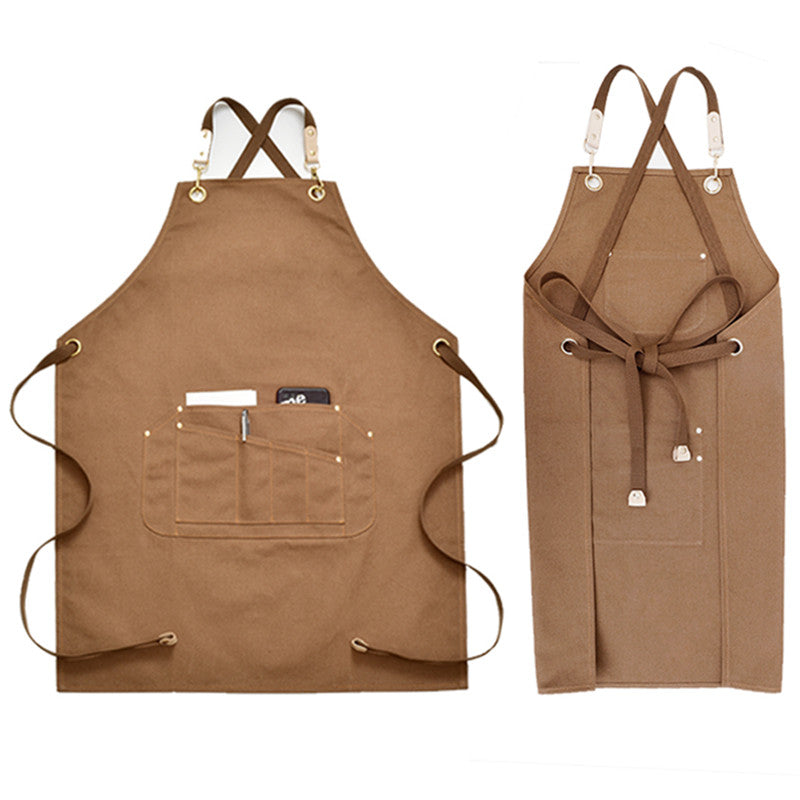 Yellow Cross-back Canvas Apron Gray Cafe Barista Bistro Restaurant Pastry Chef Uniform Florist Barber Hairdresser Workwear