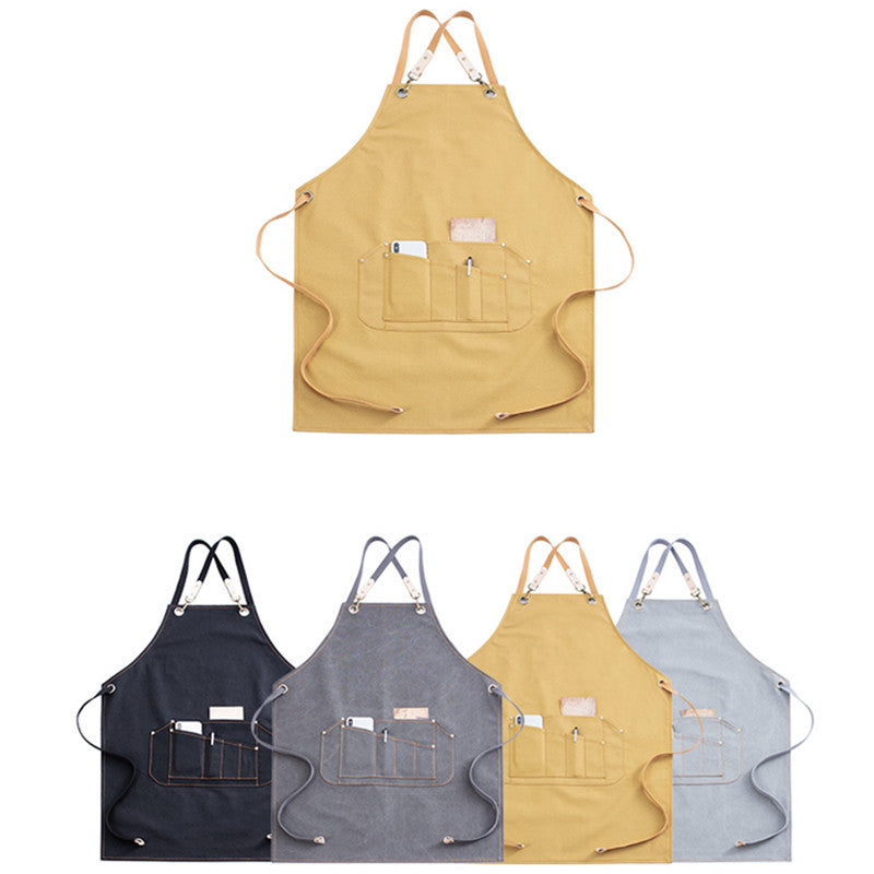 Yellow Cross-back Canvas Apron Gray Cafe Barista Bistro Restaurant Pastry Chef Uniform Florist Barber Hairdresser Workwear