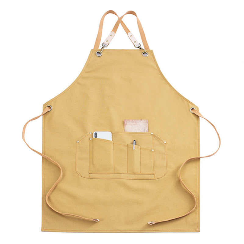 Yellow Cross-back Canvas Apron Gray Cafe Barista Bistro Restaurant Pastry Chef Uniform Florist Barber Hairdresser Workwear