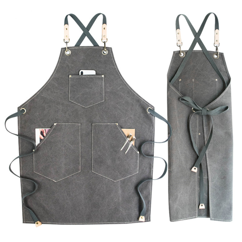 Green Cross-back Canvas Apron Gray Barista Bartender Restaurant Bistro Pastry Chef Uniform Florist Barber Hairdresser Gardener Workwear