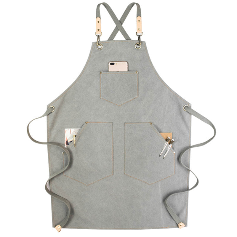 Green Cross-back Canvas Apron Gray Barista Bartender Restaurant Bistro Pastry Chef Uniform Florist Barber Hairdresser Gardener Workwear
