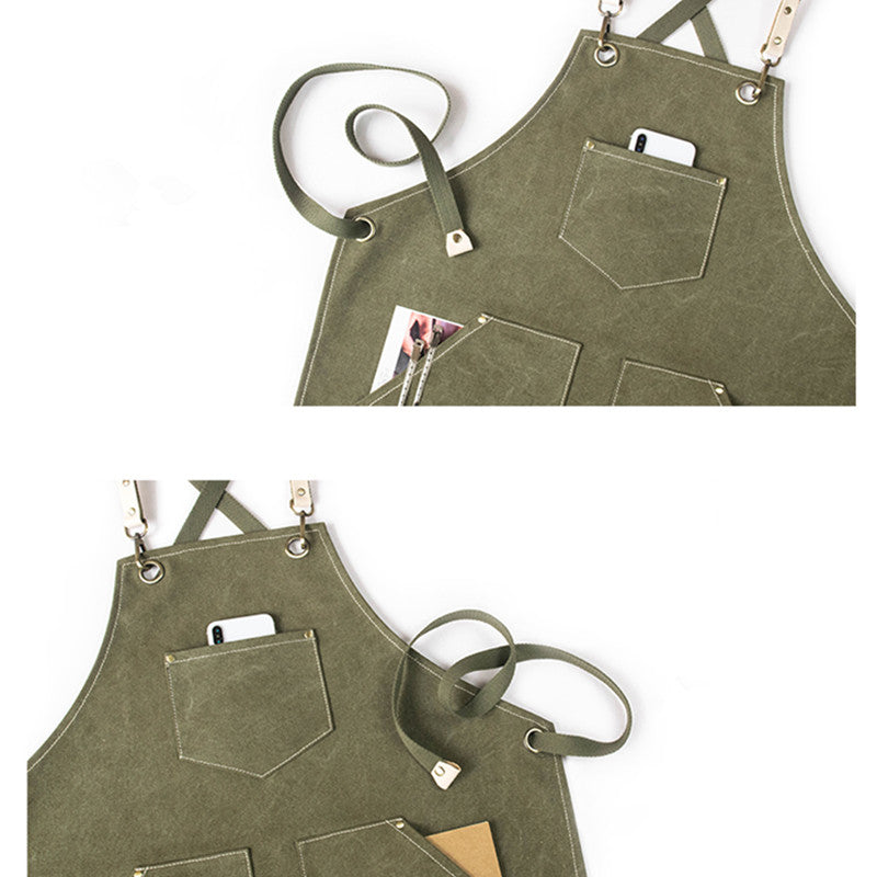 Green Cross-back Canvas Apron Gray Barista Bartender Restaurant Bistro Pastry Chef Uniform Florist Barber Hairdresser Gardener Workwear