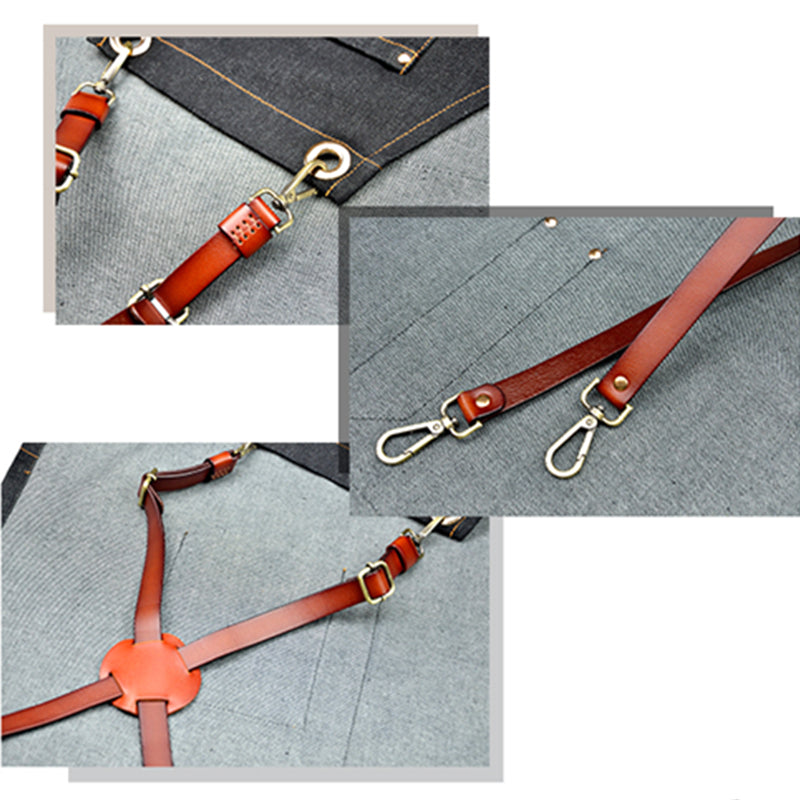 Black Denim Apron Cowhide Leather Strap Barista Bakery Barman BBQ Chef Uniform Barber Hairdresser Florist Gardener Workwear