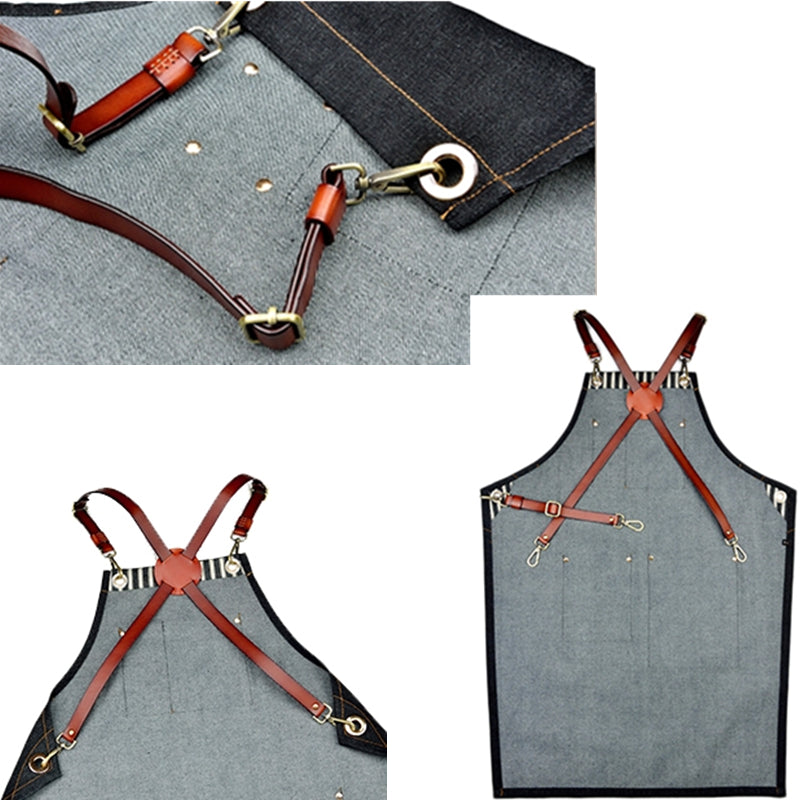 Black Denim Apron Cowhide Leather Strap Barista Bakery Barman BBQ Chef Uniform Barber Hairdresser Florist Gardener Workwear