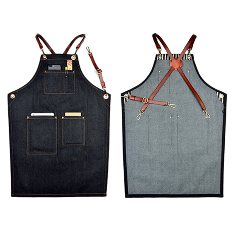Black Denim Apron Cowhide Leather Strap Barista Bakery Barman BBQ Chef Uniform Barber Hairdresser Florist Gardener Workwear