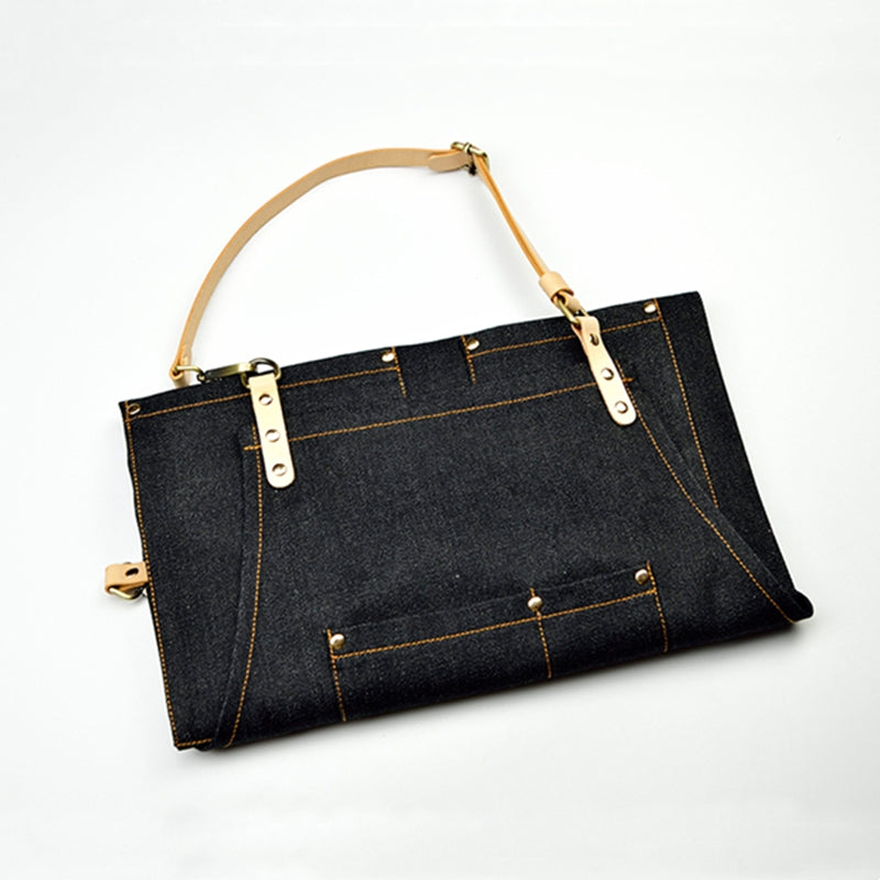 Black Denim Apron Cowhide Leather Strap Barista Bakery Barman BBQ Chef Uniform Barber Hairdresser Florist Gardener Workwear