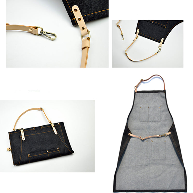 Black Denim Apron Cowhide Leather Strap Barista Bakery Barman BBQ Chef Uniform Barber Hairdresser Florist Gardener Workwear