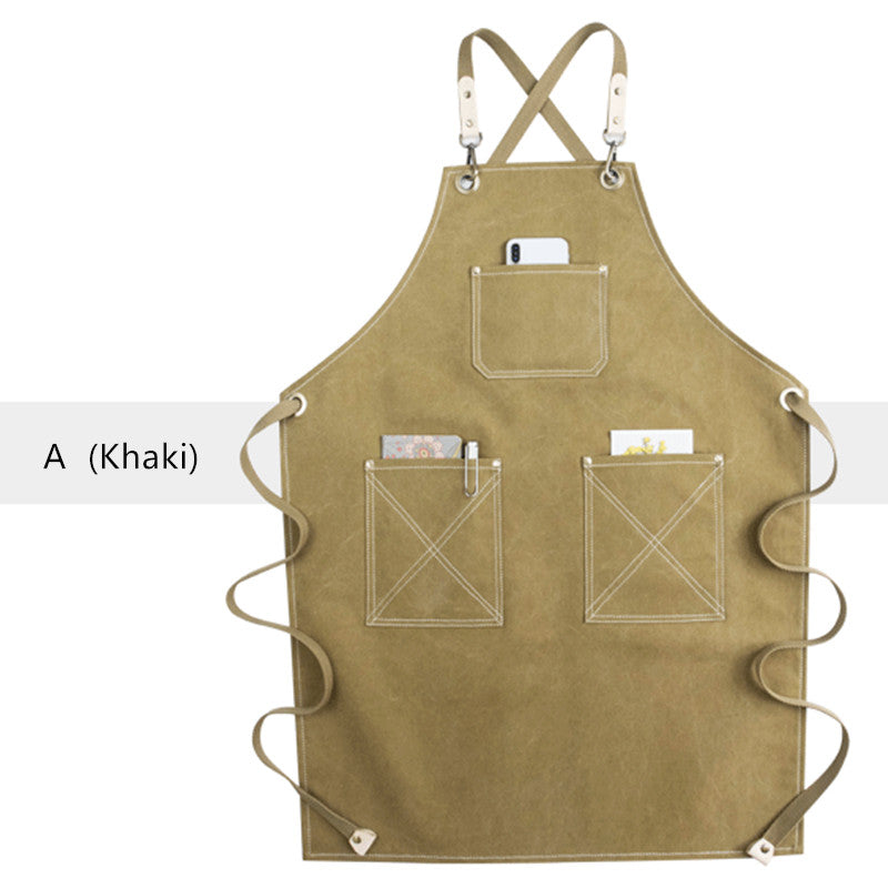 Cross-back Canvas Apron Gray Cafe Barista Bartender Pastry Restaurant Uniform Khaki Florist Barber Hairdresser Workwear