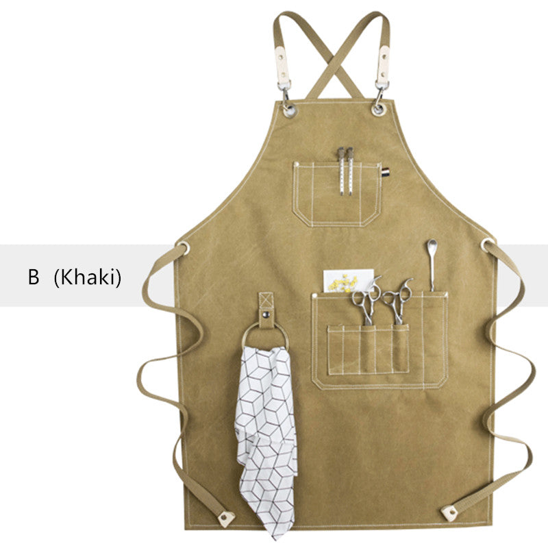 Cross-back Canvas Apron Gray Cafe Barista Bartender Pastry Restaurant Uniform Khaki Florist Barber Hairdresser Workwear