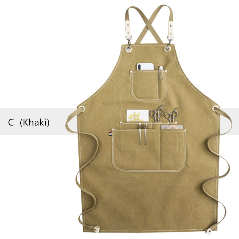 Cross-back Canvas Apron Gray Cafe Barista Bartender Pastry Restaurant Uniform Khaki Florist Barber Hairdresser Workwear