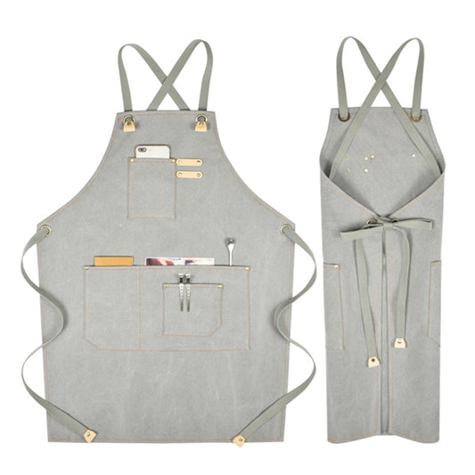 Khaki Cross-back Canvas Apron Gray Barista Bistro Restaurant Pastry Chef Uniform Florist Barber Hairdresser Work Wear