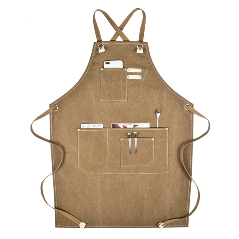 Khaki Cross-back Canvas Apron Gray Barista Bistro Restaurant Pastry Chef Uniform Florist Barber Hairdresser Work Wear