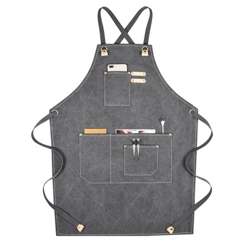 Khaki Cross-back Canvas Apron Gray Barista Bistro Restaurant Pastry Chef Uniform Florist Barber Hairdresser Work Wear