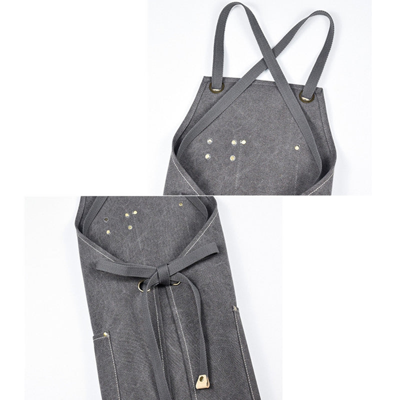 Khaki Cross-back Canvas Apron Gray Barista Bistro Restaurant Pastry Chef Uniform Florist Barber Hairdresser Work Wear
