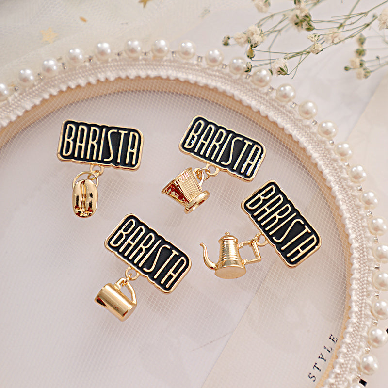 Metal Cafe Badge Set for Uniform of Barista Waiter Waitress Gadget for Coffee Roaster Coffee Maker Bartender with Needle Pin