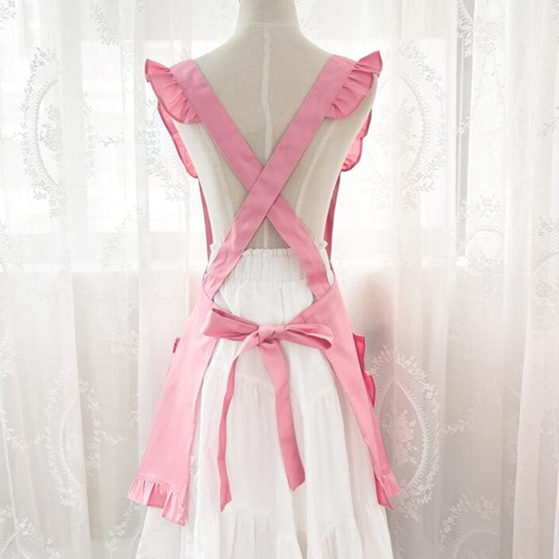 Polyester Cotton Pink Frilly Apron Florist Waitress Pastry Chef Workwear Bistro Cafe Barista Baker Tea Flower Shop Uniform