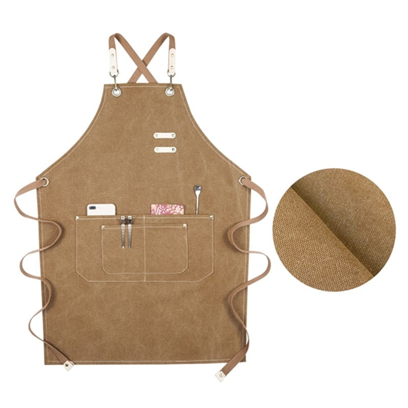 Cross-back Canvas Apron Gray Barber Hairdresser Florist Workwear Khaki Cafe Barista Bartender Restaurant Pastry Chef Uniform