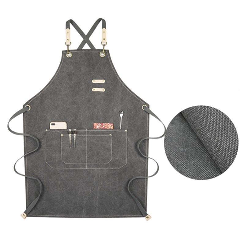 Cross-back Canvas Apron Gray Barber Hairdresser Florist Workwear Khaki Cafe Barista Bartender Restaurant Pastry Chef Uniform