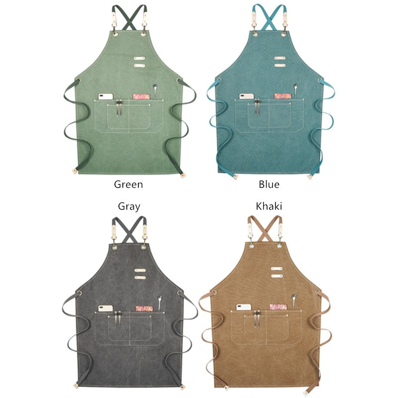 Cross-back Canvas Apron Gray Barber Hairdresser Florist Workwear Khaki Cafe Barista Bartender Restaurant Pastry Chef Uniform