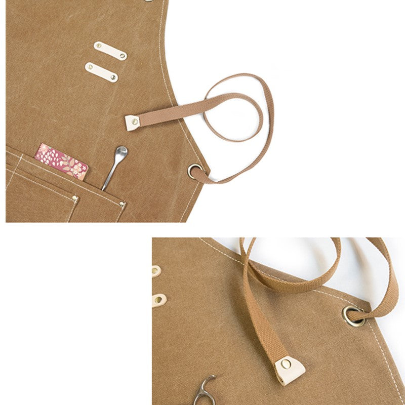 Cross-back Canvas Apron Gray Barber Hairdresser Florist Workwear Khaki Cafe Barista Bartender Restaurant Pastry Chef Uniform