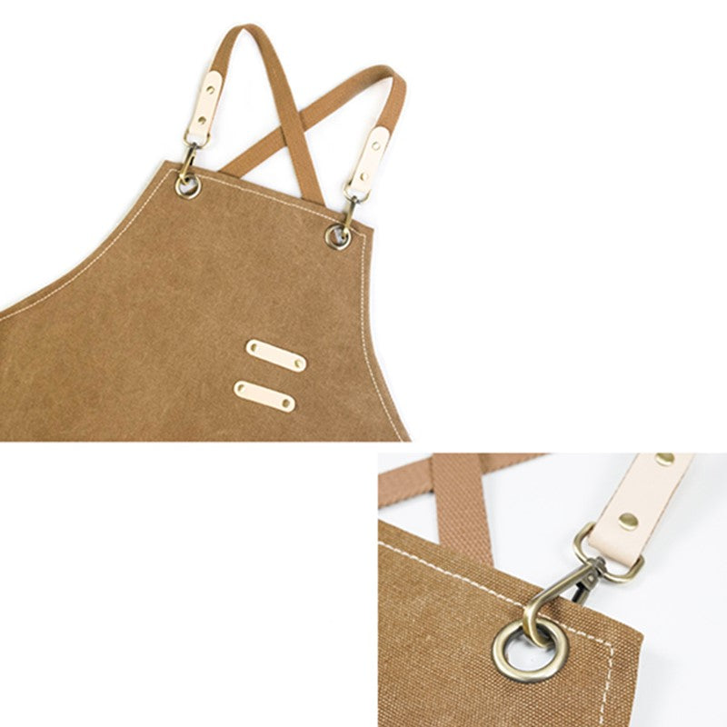 Cross-back Canvas Apron Gray Barber Hairdresser Florist Workwear Khaki Cafe Barista Bartender Restaurant Pastry Chef Uniform