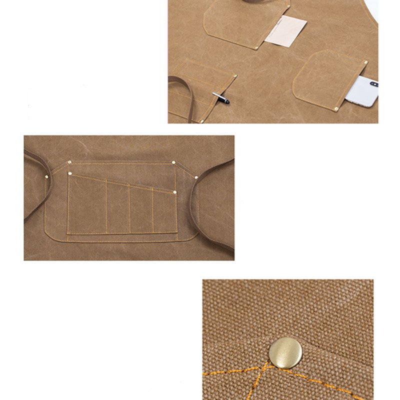 Cross-back Khaki Canvas Apron Gray Gardener Florist Workwear Pastry Chef Cafe Barista Bartender Bistro Restaurant Uniform