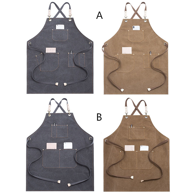 Cross-back Khaki Canvas Apron Gray Gardener Florist Workwear Pastry Chef Cafe Barista Bartender Bistro Restaurant Uniform