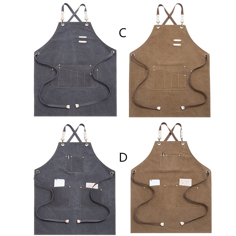 Cross-back Khaki Canvas Apron Gray Gardener Florist Workwear Pastry Chef Cafe Barista Bartender Bistro Restaurant Uniform