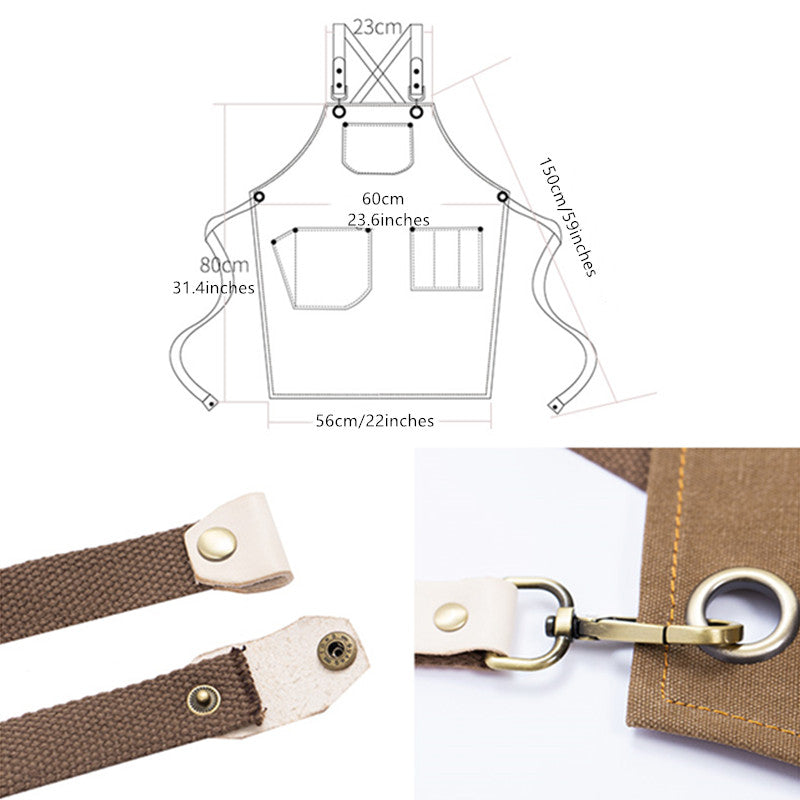 Cross-back Khaki Canvas Apron Gray Gardener Florist Workwear Pastry Chef Cafe Barista Bartender Bistro Restaurant Uniform