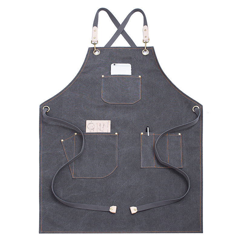 Cross-back Khaki Canvas Apron Gray Gardener Florist Workwear Pastry Chef Cafe Barista Bartender Bistro Restaurant Uniform