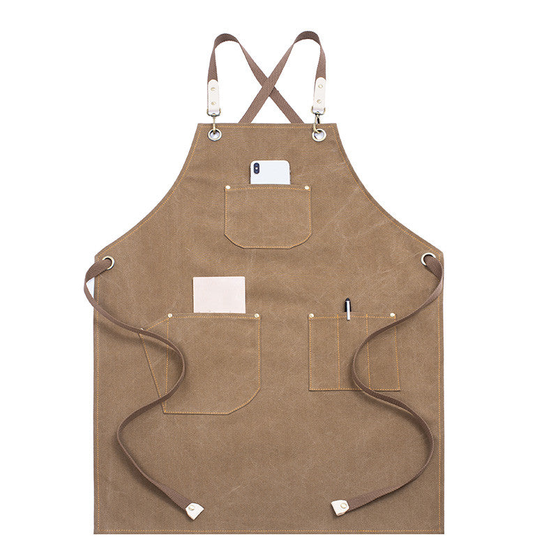 Cross-back Khaki Canvas Apron Gray Gardener Florist Workwear Pastry Chef Cafe Barista Bartender Bistro Restaurant Uniform