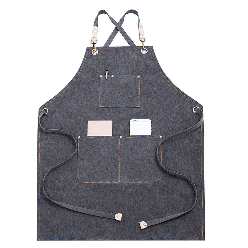 Cross-back Khaki Canvas Apron Gray Gardener Florist Workwear Pastry Chef Cafe Barista Bartender Bistro Restaurant Uniform