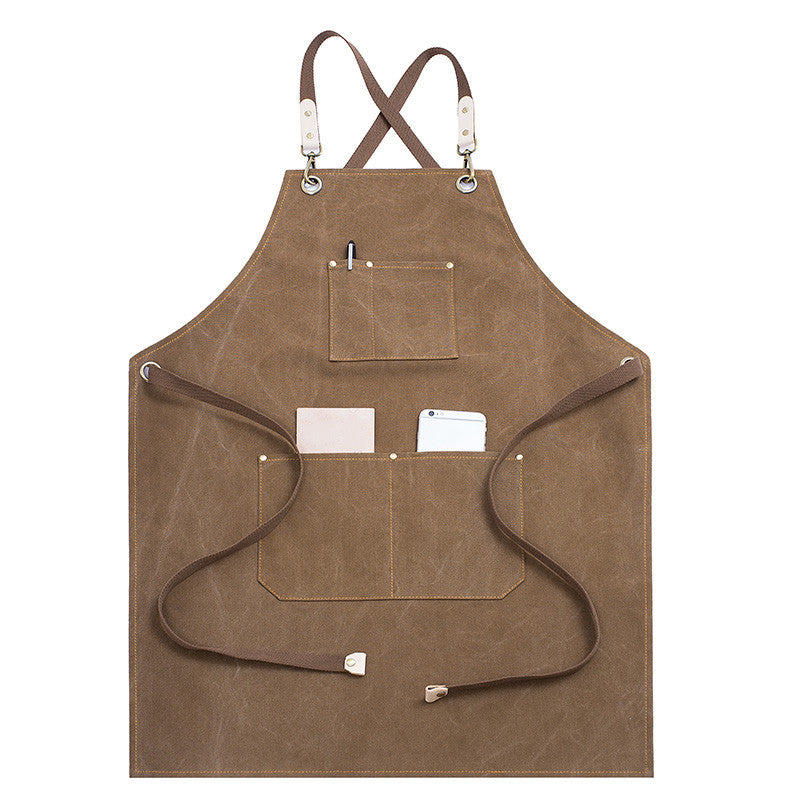 Cross-back Khaki Canvas Apron Gray Gardener Florist Workwear Pastry Chef Cafe Barista Bartender Bistro Restaurant Uniform