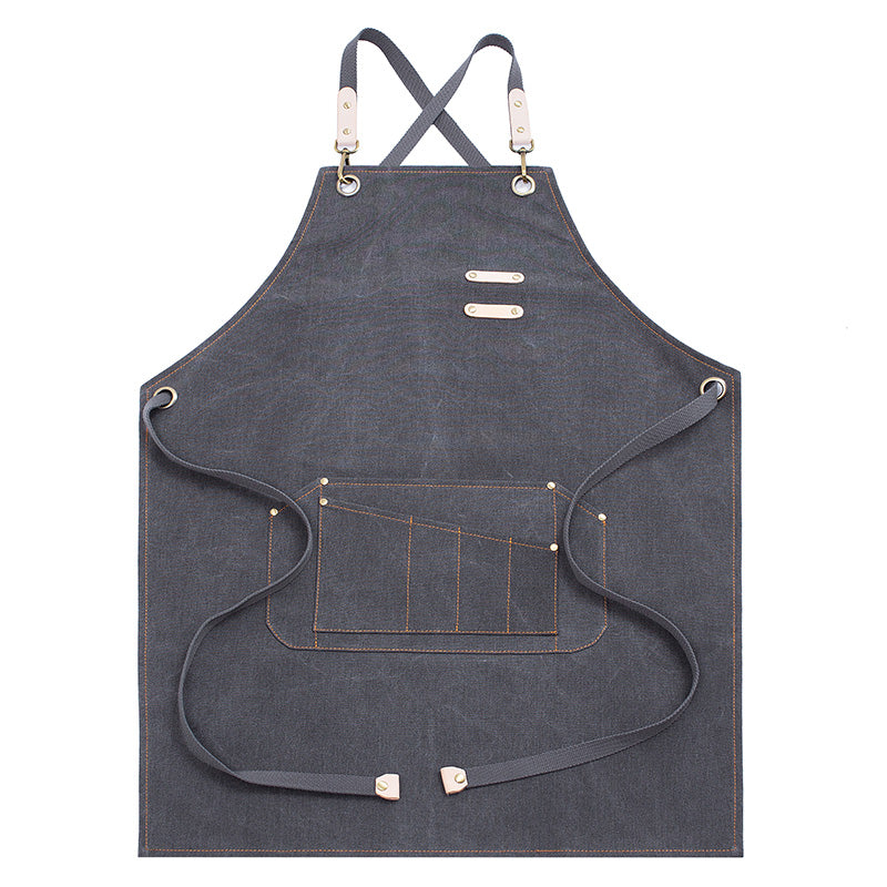 Cross-back Khaki Canvas Apron Gray Gardener Florist Workwear Pastry Chef Cafe Barista Bartender Bistro Restaurant Uniform