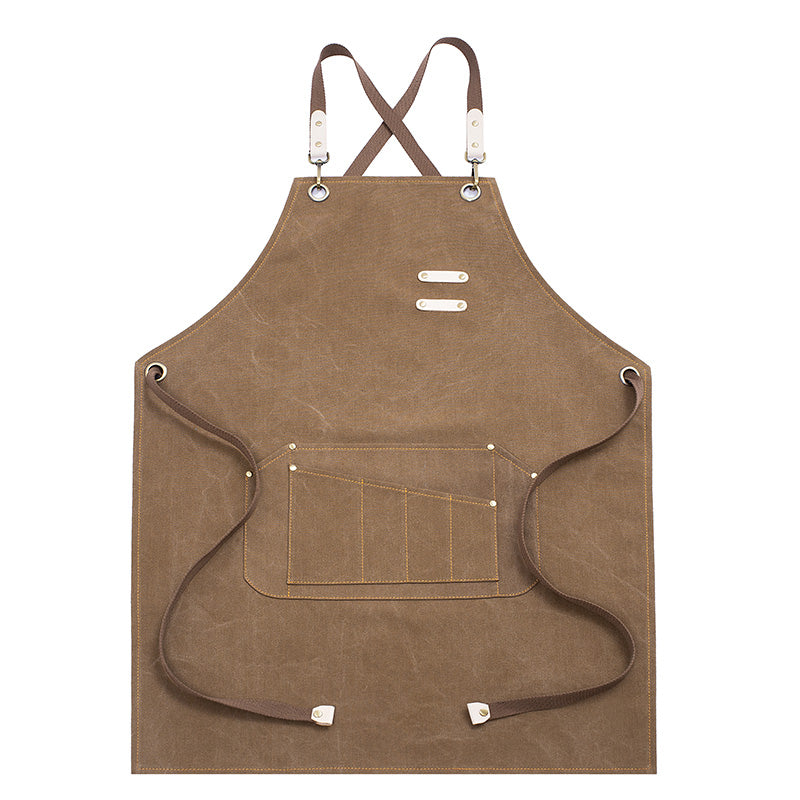 Cross-back Khaki Canvas Apron Gray Gardener Florist Workwear Pastry Chef Cafe Barista Bartender Bistro Restaurant Uniform