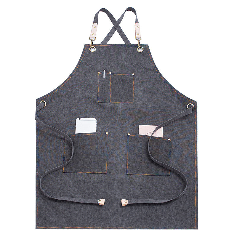 Cross-back Khaki Canvas Apron Gray Gardener Florist Workwear Pastry Chef Cafe Barista Bartender Bistro Restaurant Uniform