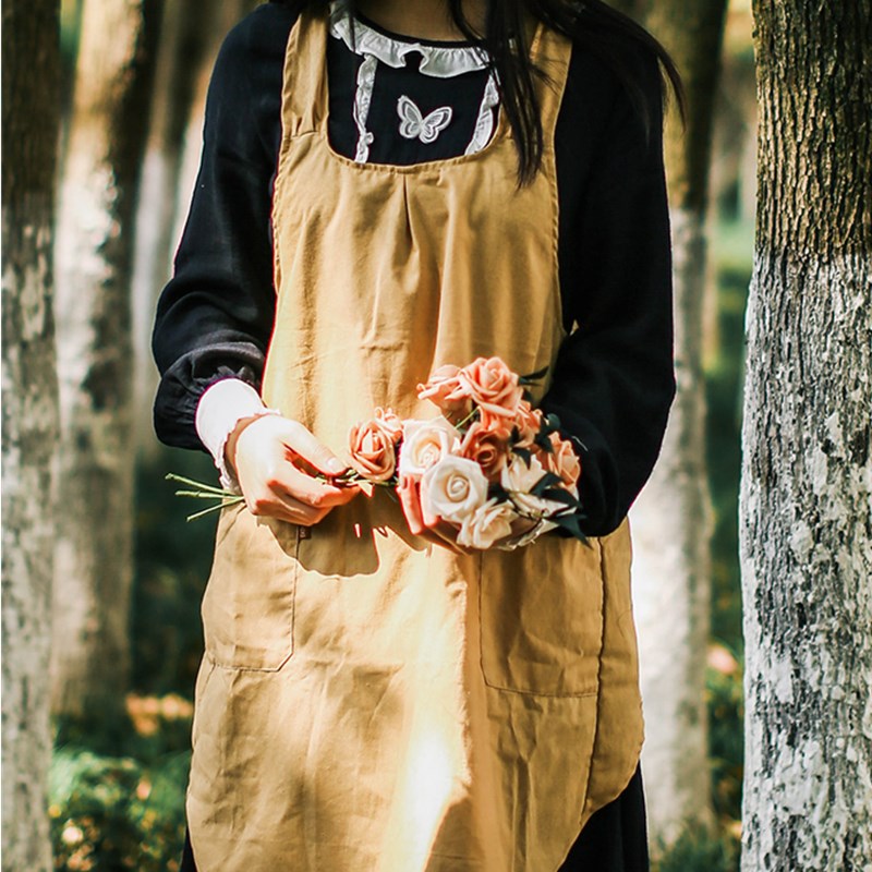 Yellow Cotton Apron Green Florist Artist Painter Crafting Workwear Waitress Cafe Barista Restaurant Pastry Chef Uniform